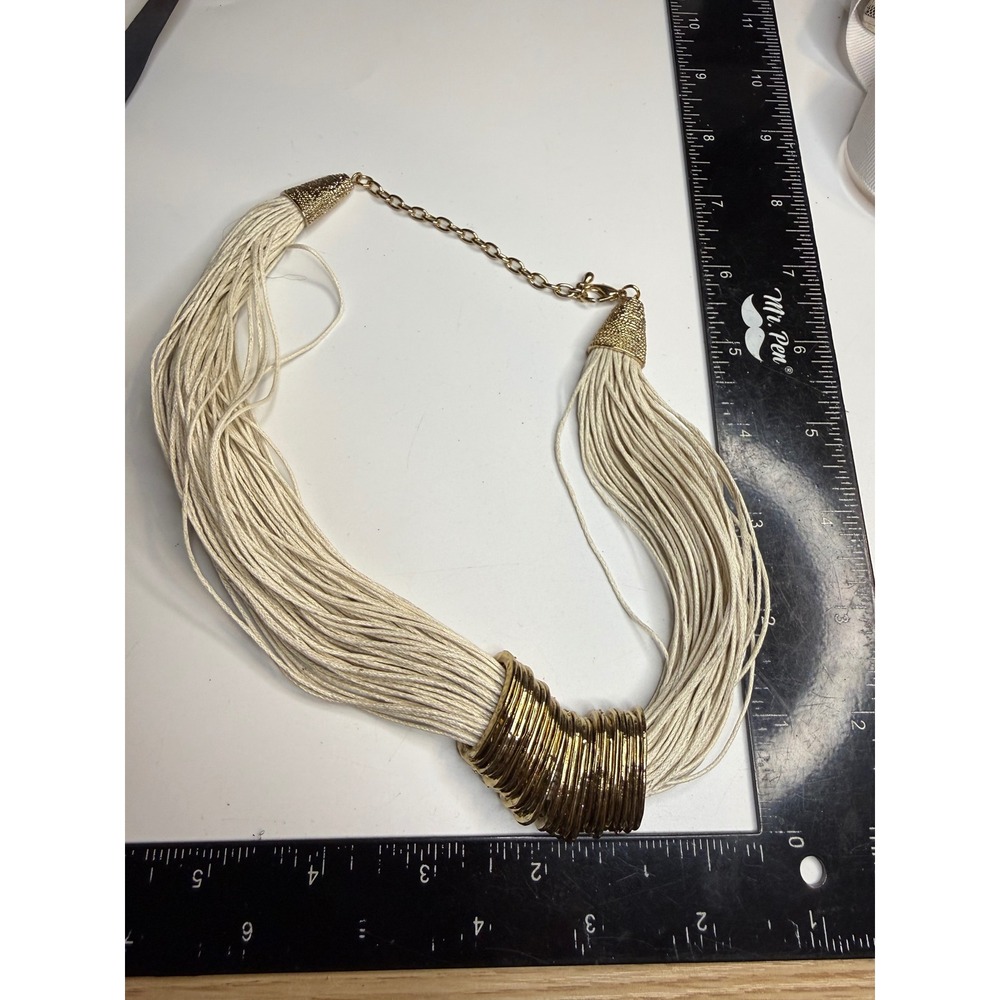 Chunky Multi Strand Cream Cord Statement Necklace Gold Tone Rings Boho